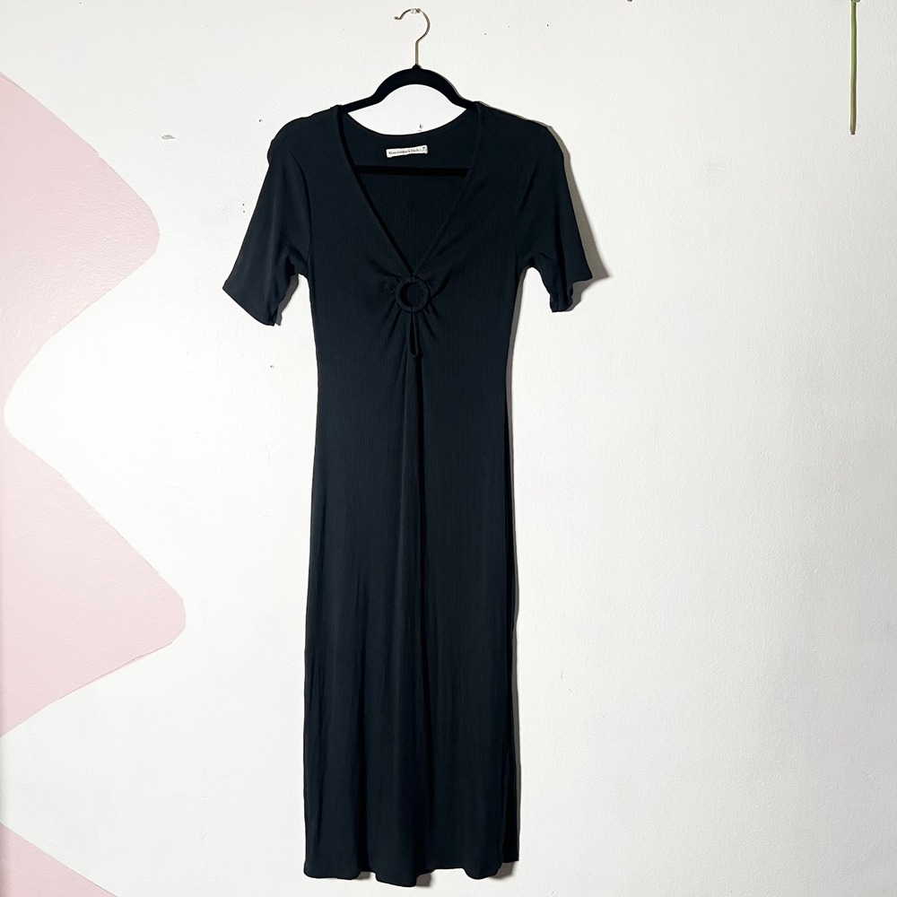 Abercrombie & Fitch Midi Dress Medium Black Ribbed O-Ring Casual